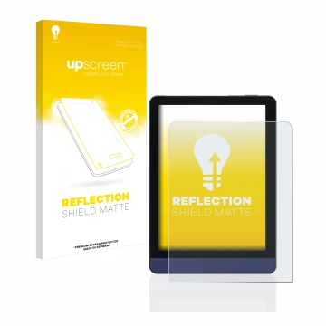 Parte frontale di una confezione del prodotto con il logo del marchio upscreen. Accanto è raffigurato il dispositivo Meebook M