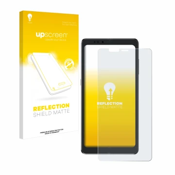 Parte frontale di una confezione del prodotto con il logo del marchio upscreen. Accanto è raffigurato il dispositivo Hisense A