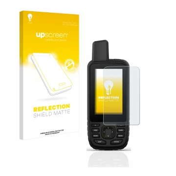 Parte frontale di una confezione del prodotto con il logo del marchio upscreen. Accanto è raffigurato il dispositivo Garmin GP