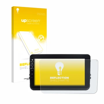 Parte frontale di una confezione del prodotto con il logo del marchio upscreen. Accanto è raffigurato il dispositivo Dynavin D