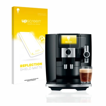 Parte frontale di una confezione del prodotto con il logo del marchio upscreen. Accanto è raffigurato il dispositivo Jura J8 c