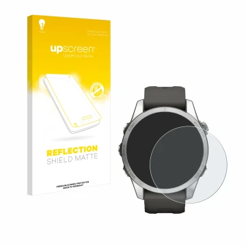 Parte frontale di una confezione del prodotto con il logo del marchio upscreen. Accanto è raffigurato il dispositivo Garmin Fe