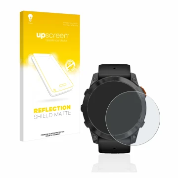Parte frontale di una confezione del prodotto con il logo del marchio upscreen. Accanto è raffigurato il dispositivo Garmin Fe