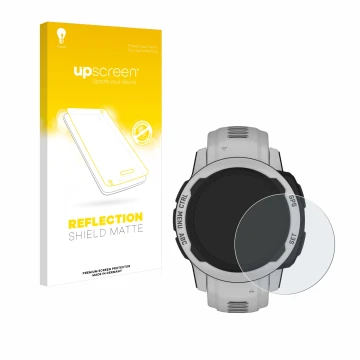 Parte frontale di una confezione del prodotto con il logo del marchio upscreen. Accanto è raffigurato il dispositivo Garmin In