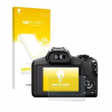 Parte frontale di una confezione del prodotto con il logo del marchio upscreen. Accanto è raffigurato il dispositivo Canon EOS