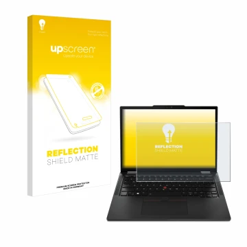 Parte frontale di una confezione del prodotto con il logo del marchio upscreen. Accanto è raffigurato il dispositivo Lenovo Th