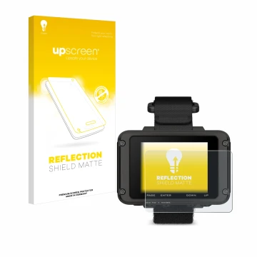 Parte frontale di una confezione del prodotto con il logo del marchio upscreen. Accanto è raffigurato il dispositivo Garmin Fo