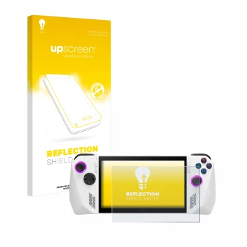 Parte frontale di una confezione del prodotto con il logo del marchio upscreen. Accanto è raffigurato il dispositivo ASUS ROG 