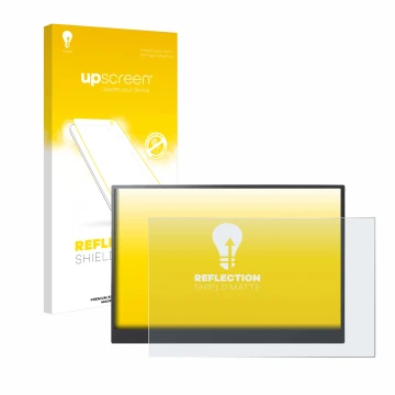 Parte frontale di una confezione del prodotto con il logo del marchio upscreen. Accanto è raffigurato il dispositivo LG gram +