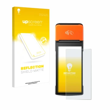 Parte frontale di una confezione del prodotto con il logo del marchio upscreen. Accanto è raffigurato il dispositivo Sunmi V2 