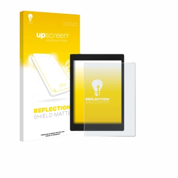 Parte frontale di una confezione del prodotto con il logo del marchio upscreen. Accanto è raffigurato il dispositivo Boox Tab 