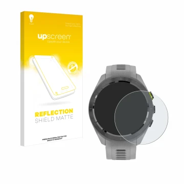 Parte frontale di una confezione del prodotto con il logo del marchio upscreen. Accanto è raffigurato il dispositivo Garmin Ap