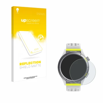 Parte frontale di una confezione del prodotto con il logo del marchio upscreen. Accanto è raffigurato il dispositivo Huami Ama