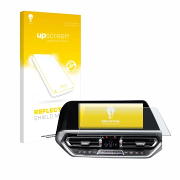 Parte frontale di una confezione del prodotto con il logo del marchio upscreen. Accanto è raffigurato il dispositivo BMW 3 G20