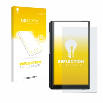 Parte frontale di una confezione del prodotto con il logo del marchio upscreen. Accanto è raffigurato il dispositivo FiiO M11s