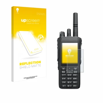 Parte frontale di una confezione del prodotto con il logo del marchio upscreen. Accanto è raffigurato il dispositivo Motorola 
