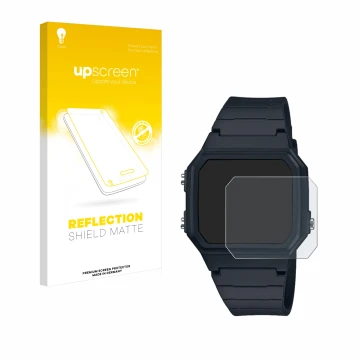 Parte frontale di una confezione del prodotto con il logo del marchio upscreen. Accanto è raffigurato il dispositivo Casio W-2