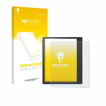 Parte frontale di una confezione del prodotto con il logo del marchio upscreen. Accanto è raffigurato il dispositivo Kobo Elip