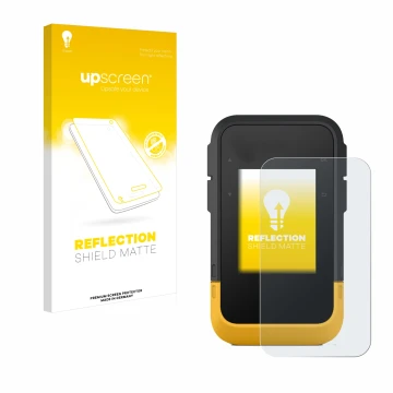 Parte frontale di una confezione del prodotto con il logo del marchio upscreen. Accanto è raffigurato il dispositivo Garmin eT