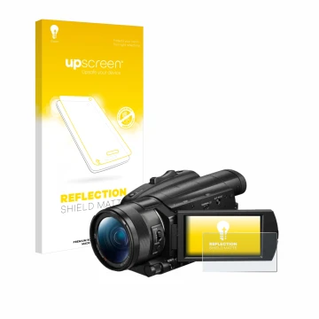 Parte frontale di una confezione del prodotto con il logo del marchio upscreen. Accanto è raffigurato il dispositivo Sony FDR-