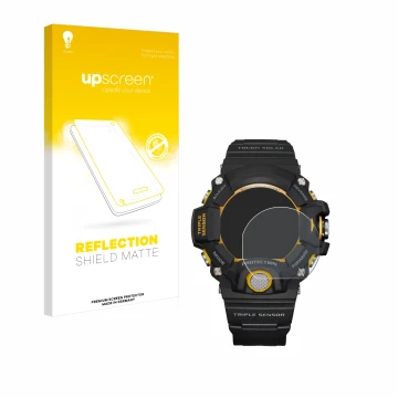 Parte frontale di una confezione del prodotto con il logo del marchio upscreen. Accanto è raffigurato il dispositivo Casio G-S