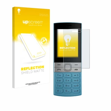 Parte frontale di una confezione del prodotto con il logo del marchio upscreen. Accanto è raffigurato il dispositivo Nokia 150