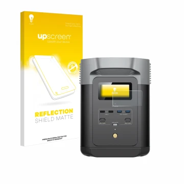 Parte frontale di una confezione del prodotto con il logo del marchio upscreen. Accanto è raffigurato il dispositivo EcoFlow D