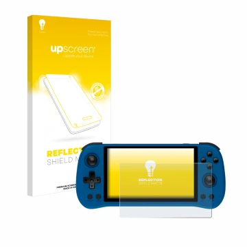 Parte frontale di una confezione del prodotto con il logo del marchio upscreen. Accanto è raffigurato il dispositivo Powkiddy 