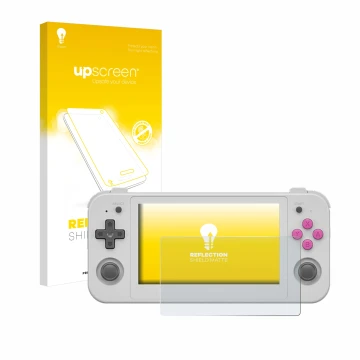 Parte frontale di una confezione del prodotto con il logo del marchio upscreen. Accanto è raffigurato il dispositivo Anbernic 