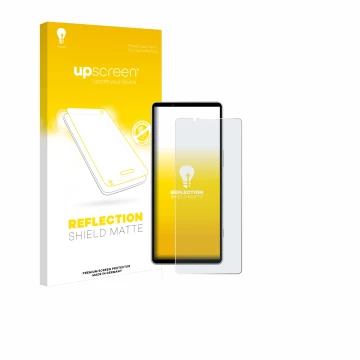 Parte frontale di una confezione del prodotto con il logo del marchio upscreen. Accanto è raffigurato il dispositivo Sony Xper