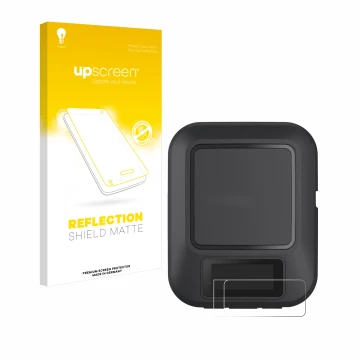 Parte frontale di una confezione del prodotto con il logo del marchio upscreen. Accanto è raffigurato il dispositivo Garmin in