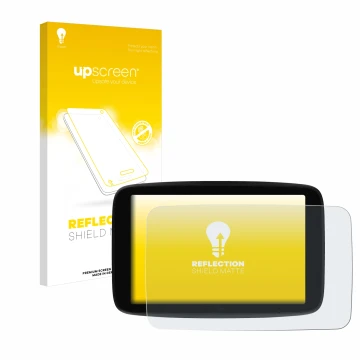 Parte frontale di una confezione del prodotto con il logo del marchio upscreen. Accanto è raffigurato il dispositivo TomTom GO
