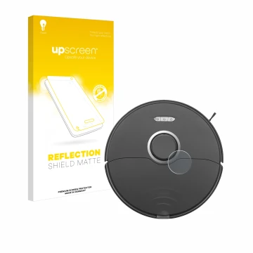 Parte frontale di una confezione del prodotto con il logo del marchio upscreen. Accanto è raffigurato il dispositivo Roborock 