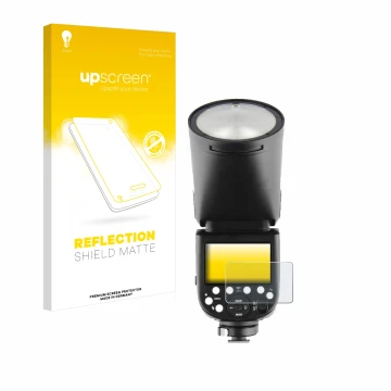 Parte frontale di una confezione del prodotto con il logo del marchio upscreen. Accanto è raffigurato il dispositivo Godox V1 