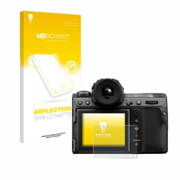 Parte frontale di una confezione del prodotto con il logo del marchio upscreen. Accanto è raffigurato il dispositivo Fujifilm 