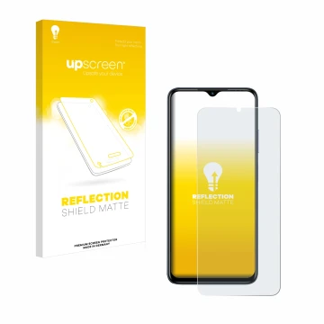 Parte frontale di una confezione del prodotto con il logo del marchio upscreen. Accanto è raffigurato il dispositivo Infinix H