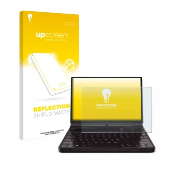 Parte frontale di una confezione del prodotto con il logo del marchio upscreen. Accanto è raffigurato il dispositivo GPD Win M