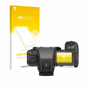 Parte frontale di una confezione del prodotto con il logo del marchio upscreen. Accanto è raffigurato il dispositivo Fujifilm 