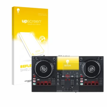 Parte frontale di una confezione del prodotto con il logo del marchio upscreen. Accanto è raffigurato il dispositivo Numark Mi