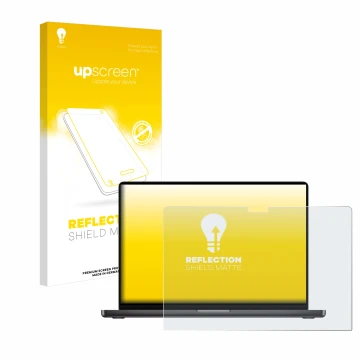 Parte frontale di una confezione del prodotto con il logo del marchio upscreen. Accanto è raffigurato il dispositivo Apple Mac