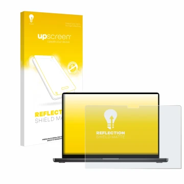 Parte frontale di una confezione del prodotto con il logo del marchio upscreen. Accanto è raffigurato il dispositivo Apple Mac