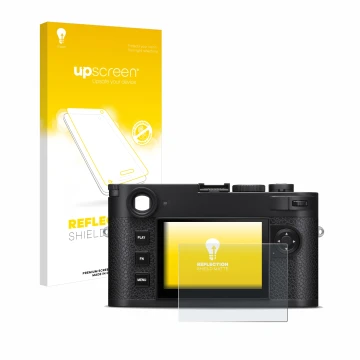 Parte frontale di una confezione del prodotto con il logo del marchio upscreen. Accanto è raffigurato il dispositivo Leica M11