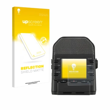 Parte frontale di una confezione del prodotto con il logo del marchio upscreen. Accanto è raffigurato il dispositivo Zoom Q2n-