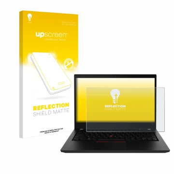 Parte frontale di una confezione del prodotto con il logo del marchio upscreen. Accanto è raffigurato il dispositivo Lenovo Th