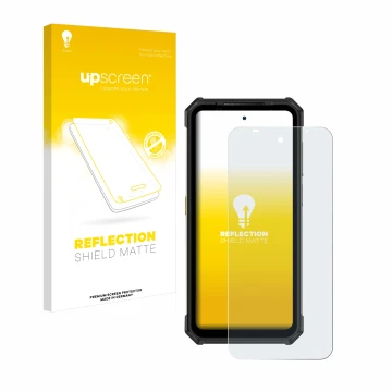 Parte frontale di una confezione del prodotto con il logo del marchio upscreen. Accanto è raffigurato il dispositivo Ulefone A