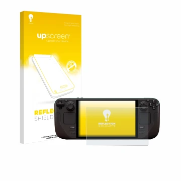 Parte frontale di una confezione del prodotto con il logo del marchio upscreen. Accanto è raffigurato il dispositivo Valve Ste