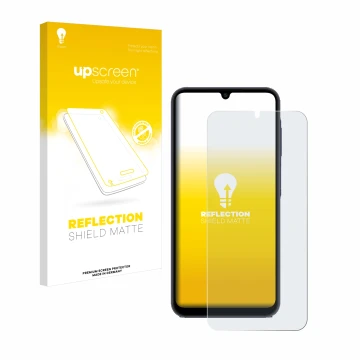 Parte frontale di una confezione del prodotto con il logo del marchio upscreen. Accanto è raffigurato il dispositivo Samsung G