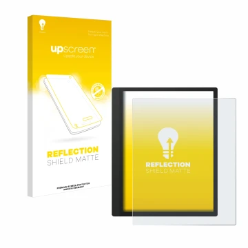 Parte frontale di una confezione del prodotto con il logo del marchio upscreen. Accanto è raffigurato il dispositivo Boox Tab 