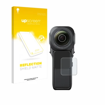 Parte frontale di una confezione del prodotto con il logo del marchio upscreen. Accanto è raffigurato il dispositivo Insta360 