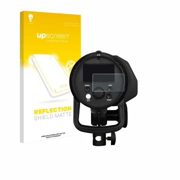 Parte frontale di una confezione del prodotto con il logo del marchio upscreen. Accanto è raffigurato il dispositivo Profoto B